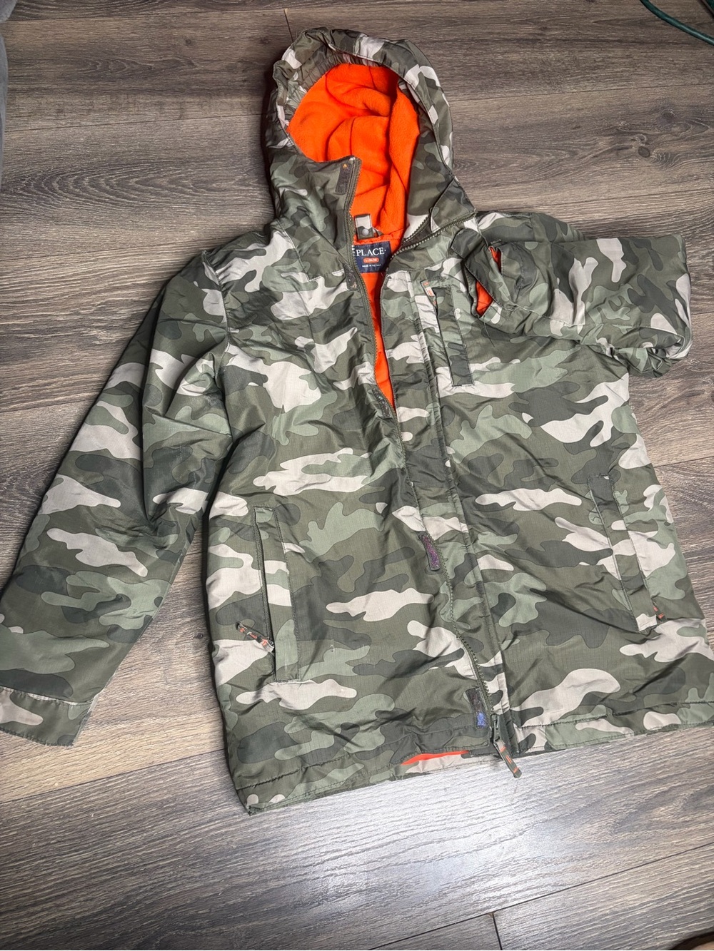 The Children's Place Green Camo Puffer Jacket with Orange Lining